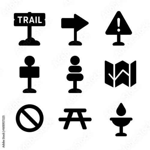 Trail Marker Icons. Solid, filled icon set of trail markers and signs: trailhead, direction arrow, caution sign, distance marker,