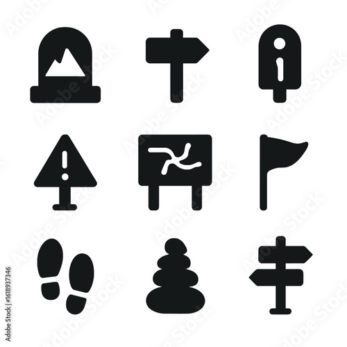 Trail Sign Icons. Solid, filled icon set of Trail marking and signs: trailhead, arrow sign, distance marker, caution sign, map