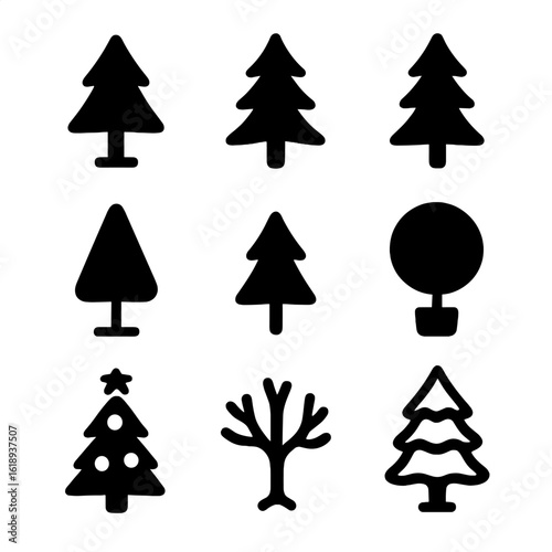 Tree Icon Collection. Solid, filled icon set of tree types and shapes: pine tree, fir tree, spruce tree, artificial tree, mini
