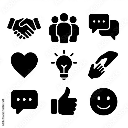 Peer Support Icons. Solid, filled icon set of peer support in education: handshake, group of people, speech bubbles, heart, light