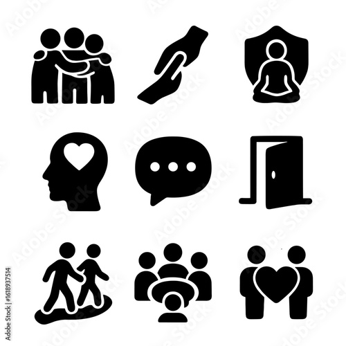 Peer Support Icons. Solid, filled icons set of peer support and community care: group hug, helping hand, safe