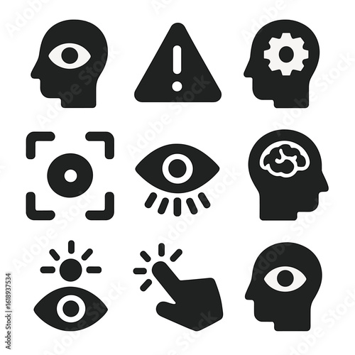 Perception Icons Grid. Solid, filled icons set of perception and awareness: mind eye, alert icon, perception