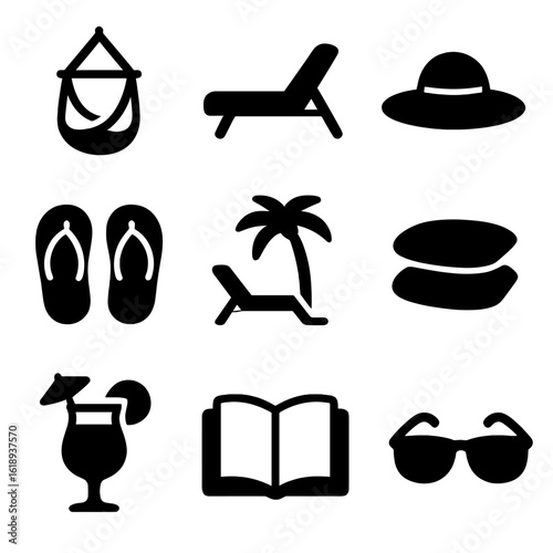 Tropical Island Icons. Solid, filled icon set of island hut relaxation: hammock chair, beach lounger, sunhat, flip flops, palm