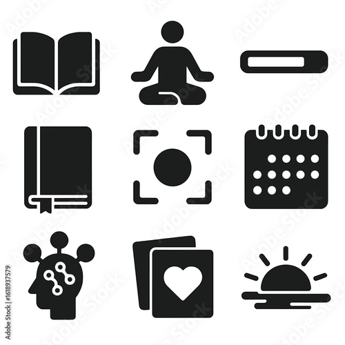 Personal Growth Icons. Solid, filled icons set of personal development goals: open book, meditation pose,