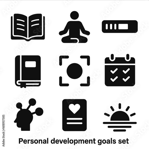 Personal Growth Icons. Solid, filled icons set of personal development goals: open book, meditation pose,