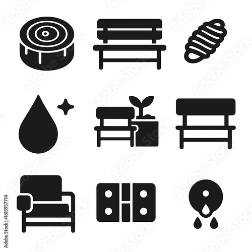 Upcycled Bench Icon Set. Solid, filled icon set of garden design: flower bed, garden path, fountain, bench, birdbath, trellis,