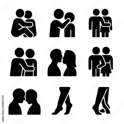 Physical Touch Icons. Solid, filled icon set of physical touch: cuddling, soft caress, back rub, hand on shoulder, gentle kiss,