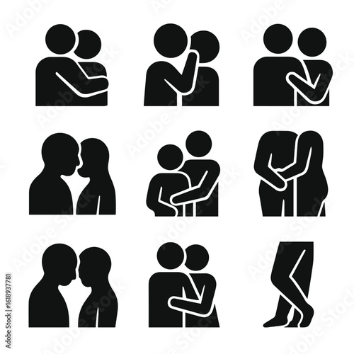 Physical Touch Icons. Solid, filled icon set of physical touch: cuddling, soft caress, back rub, hand on shoulder, gentle kiss,