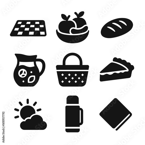 Picnic Essentials Icons. Solid, filled icons set of outdoor May Day picnics: picnic blanket, fruit bowl, bread