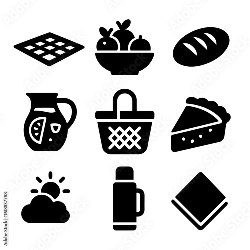 Picnic Essentials Icons. Solid, filled icons set of outdoor May Day picnics: picnic blanket, fruit bowl, bread