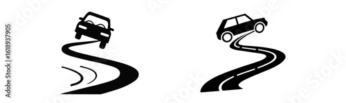 Car driving on a winding road, representing travel and transportation.