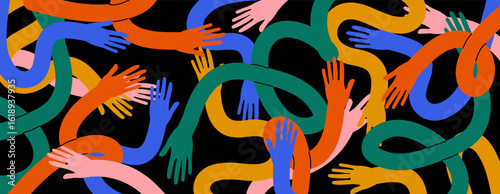 Multicolored flexible human hands. Human hands. Diverse group of people. People equity help. Comic hands.	