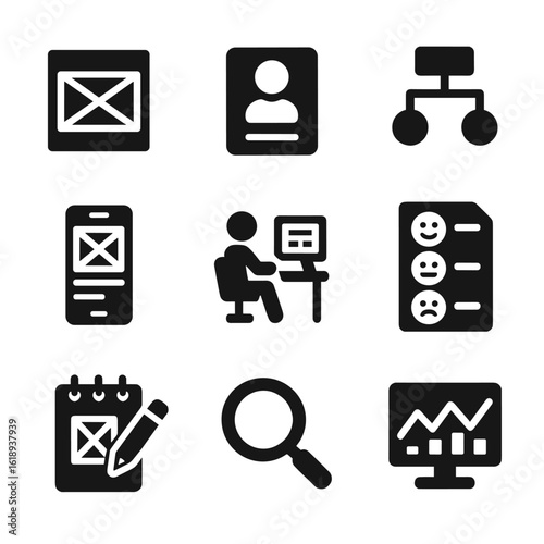 UX Design Icons Grid. Solid, filled icon set of user experience (UX) design process: wireframe, user persona, flowchart, prototype
