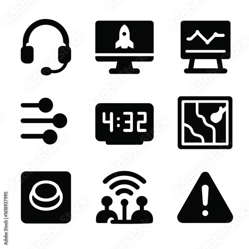 Icon Variety Showcase. Solid, filled icon set of live band gear: electric guitar, bass amp, drum set, keyboard stand, vocal mic,