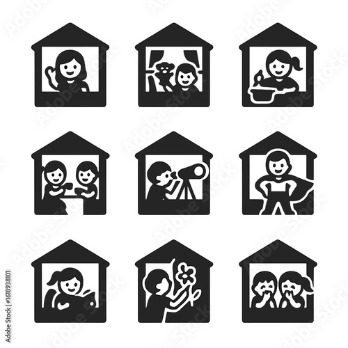 Playhouse Icon Set. Solid, filled icons set of playful interactions in a family-built playhouse: waving from
