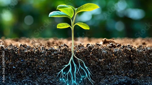 A seedling with white roots is growing in soil It has green leaves and a background of plants
