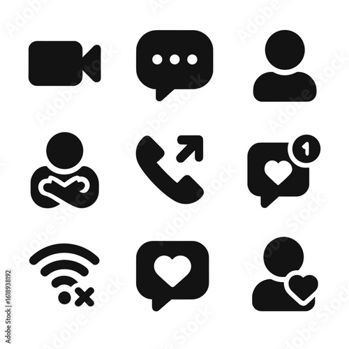 Virtual Connection Icons. Solid, filled icon set of virtual connection attempts: video call icon, typing dots, online status,