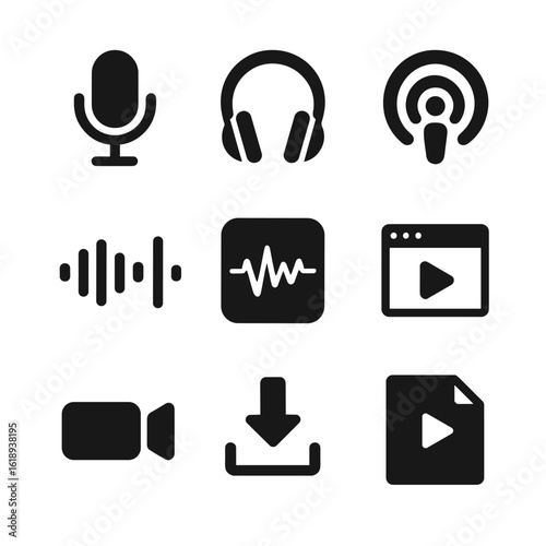 Podcast Icons Grid. Solid, filled icon set of podcasting: microphone, headphones, podcast logo, soundwave, audio editing, hosting