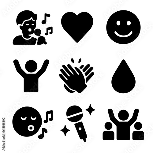 Vocal Emotions Icons. Solid, filled icon set of emotions in vocal performances: happy singer, heart symbol, smiley face, raised