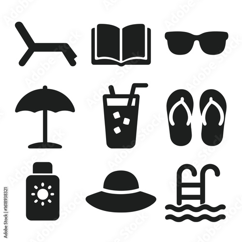 Poolside Reading Icons. Solid, filled icons set of reading by the poolside: lounge chair, open book,