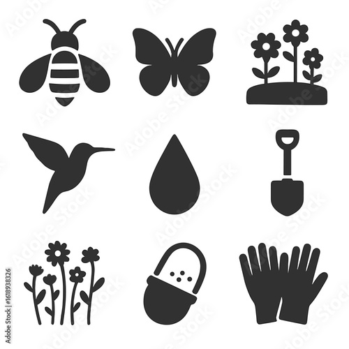 Pollinator Garden Icons. Solid, filled icons set of pollinator gardens: bee, butterfly, flower bed,