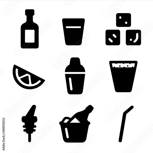 Vodka Essentials Icons. Solid, filled icon set of vodka essentials: vodka bottle, shot glass, ice cubes, lemon wedge, cocktail
