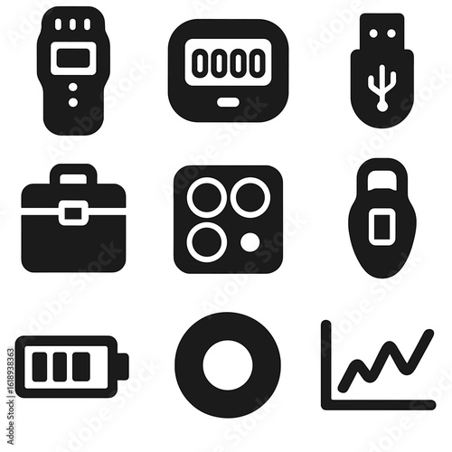 Portable Air Monitor Icons. Solid, filled icons set of portable air monitors: handheld sensor, compact display