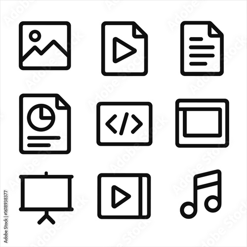 Portfolio Icon Grid. Solid, filled icon set of portfolio content types: photo, video, document, infographic, code snippet, design