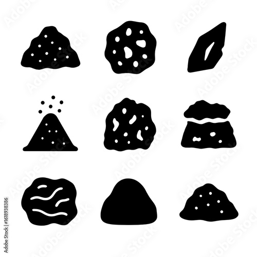 Volcanic Materials Icons. Solid, filled icon set of volcanic materials: basalt, pumice, obsidian, volcanic ash, scoria, tuff, lava