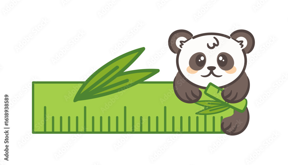 Fototapeta premium delightful illustration features a cute panda joyfully holding a ruler alongside bamboo. Its cheerful expression and playful demeanor inspire creativity , making it perfect for kids stationery.