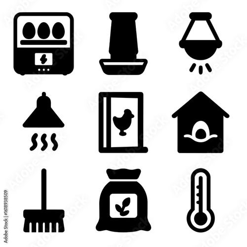 Poultry Equipment Icons. Solid, filled icon set of poultry farming equipment: egg incubator, feeder, waterer, heat lamp, coop door