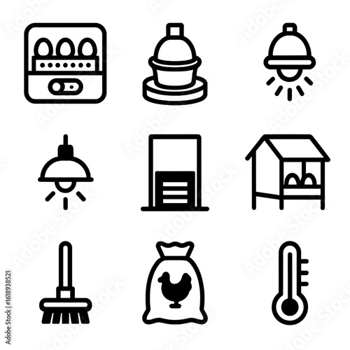 Poultry Equipment Icons. Solid, filled icon set of poultry farming equipment: egg incubator, feeder, waterer, heat lamp, coop door