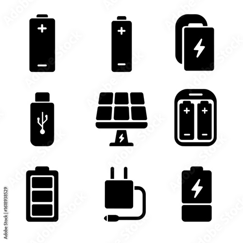 Power Source Icons Grid. Solid, filled icons set of flashlight power sources: AA battery, AAA battery,