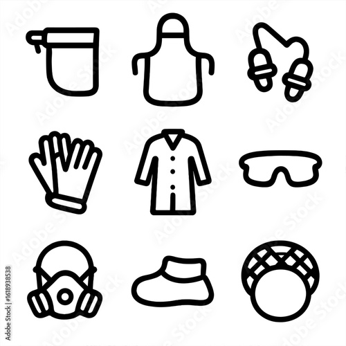 PPE Icon Set. Solid, filled icon set of personal protective equipment (PPE): face shield, apron, ear plugs, gloves, lab coat,