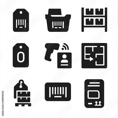 Warehouse Icons Grid. Solid, filled icon set of warehouse logistics and labels: inventory label, bin tag, shelf label, stock