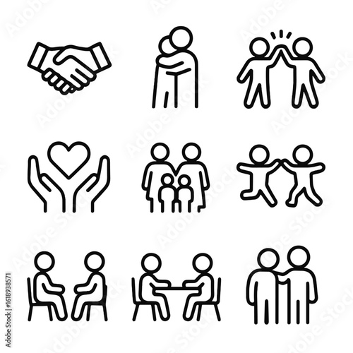 Warm Interaction Icons. Solid, filled icon set of warm interactions: handshake, hug, high five, heart in hands, family group,