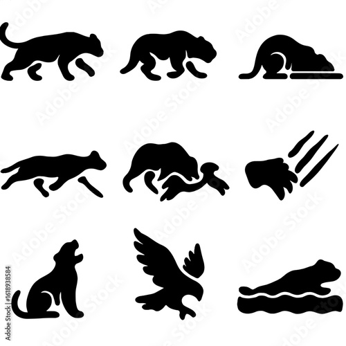 Predator Hunting Icons. Solid, filled icon set of predator hunting behaviors: stalking, pouncing, ambush, chasing, biting, clawing