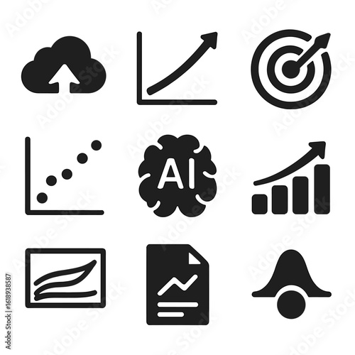 Predictive Analytics Icons. Solid, filled icons set of predictive analytics and forecasting: forecast cloud,