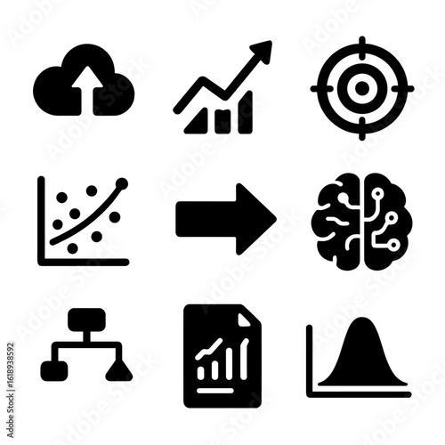 Predictive Analytics Icons. Solid, filled icons set of predictive analytics and forecasting: forecast cloud,