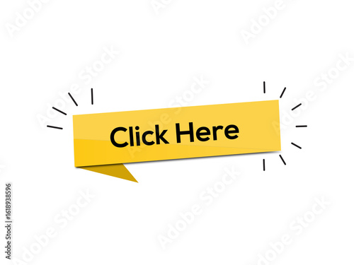 Yellow Click Here Button with Comic Style Accents on a White Background Invitation.