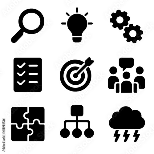 Problem Solving Icons. Solid, filled icon set of problem solving in teamwork: magnifying glass, lightbulb, gears, checklist,