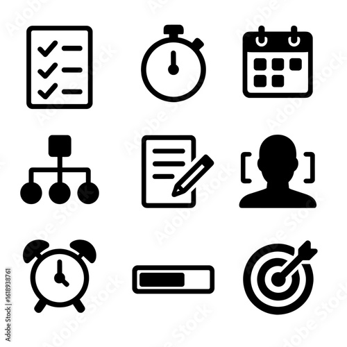 Productivity Icon Set. Solid, filled icon set of coworking tech hub productivity: task checklist, timer, calendar, workflow
