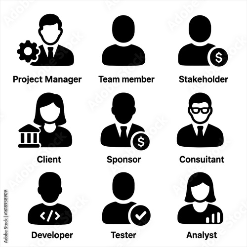 Project Roles Icons. Solid, filled icon set of project roles: project manager, team member, stakeholder, client, sponsor,