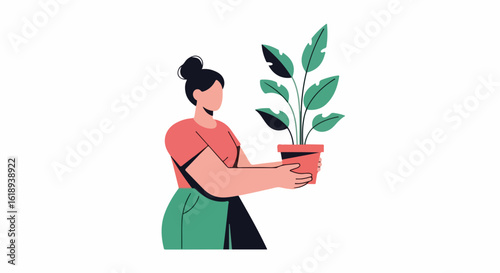 Woman holding plant indoor, nurturing a fresh plant indoor in terracotta pot. Fresh plant indoor adds life to space, symbolizing growth and well being.