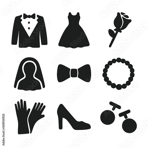 Wedding Attire Icons. Solid, filled icon set of wedding day attire and accessories: tuxedo, bridal dress, boutonniere, veil, bow