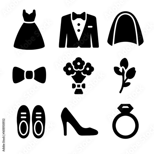 Wedding Attire Icons. Solid, filled icon set of bride and groom costumes: wedding dress, tuxedo, veil, bow tie, bouquet,