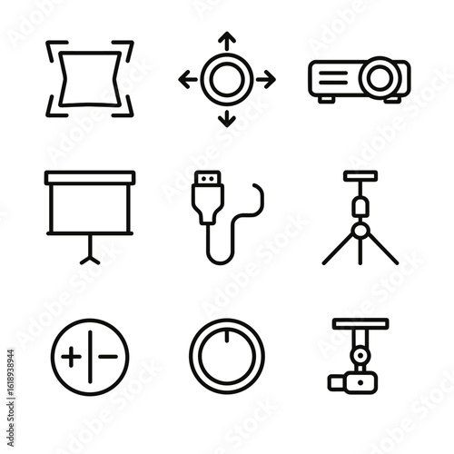 Projection Icon Set. Outline icon set of projection and display: keystone correction, lens shift, projector, screen, HDMI cable,
