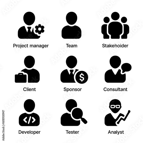Project Roles Icons. Solid, filled icon set of project roles: project manager, team member, stakeholder, client, sponsor,