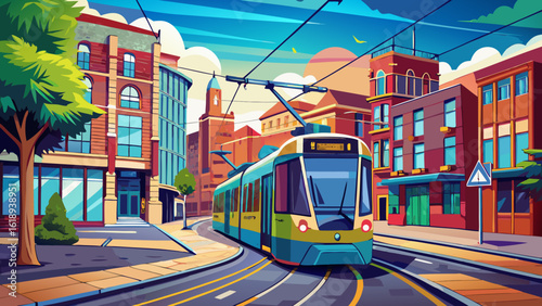 A city tram on a street of Birmingham in England glides past historic buildings under soft skies. Semi-realistic vector style captures rail lines, brick textures, and urban rhythm.