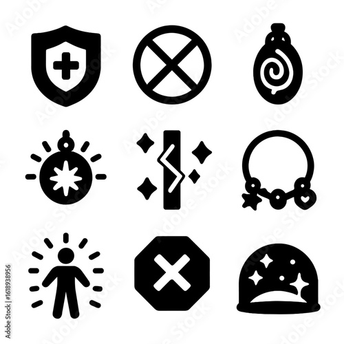 Protective Enchantment Icons. Solid, filled icons set of protective enchantments: barrier shield, ward sigil,
